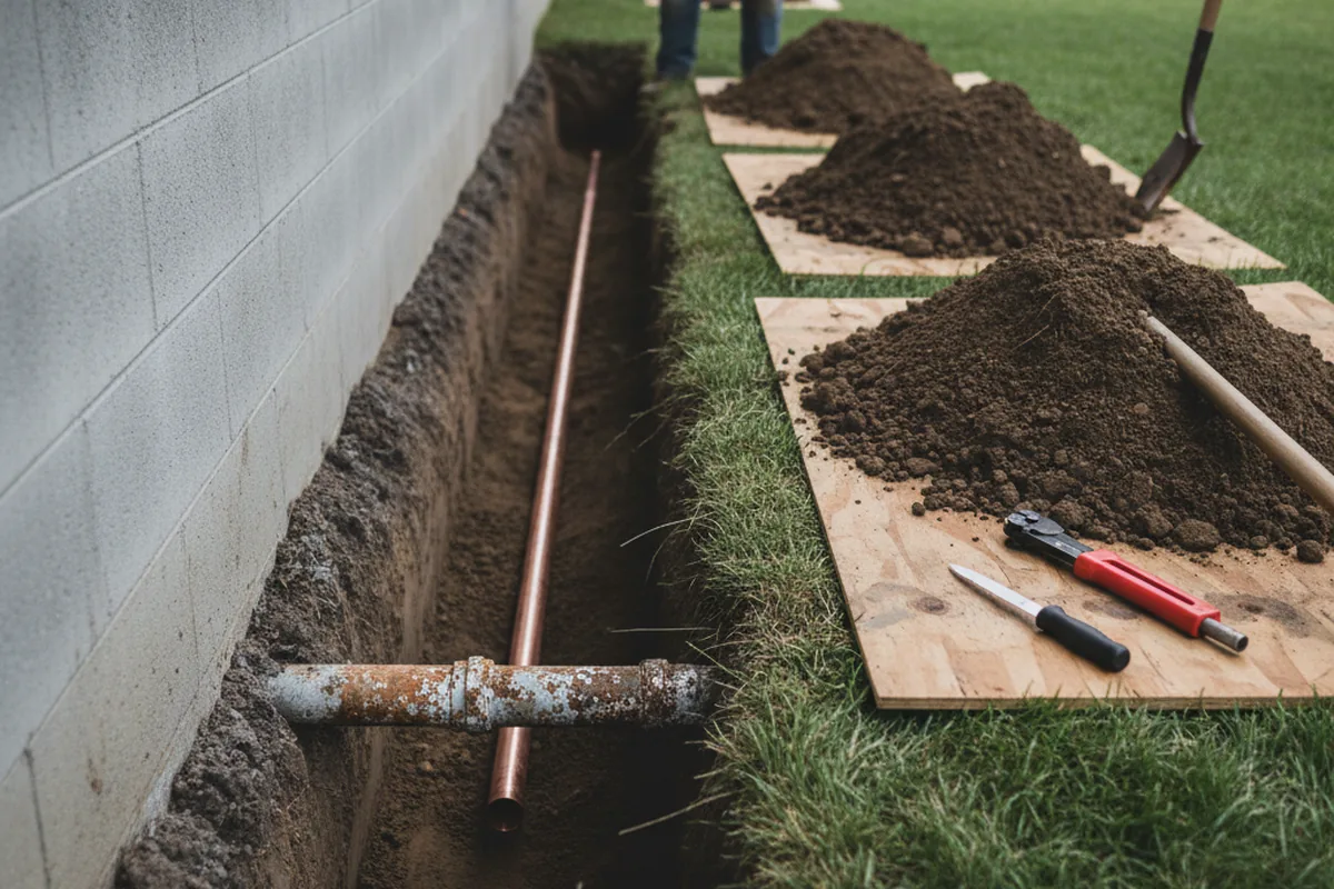 Excavated water line trench during Sewer Line Repair in Burkburnett